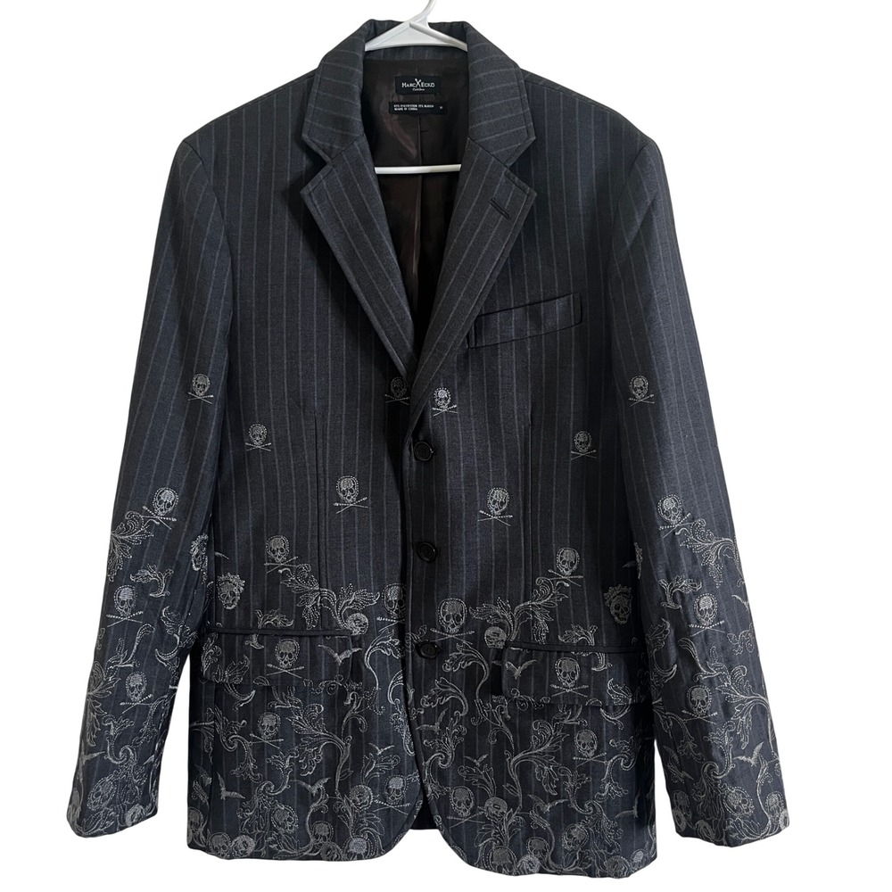 Marc Ecko Blazer Mens M Grey Skull Embroidered Pinstripe Sport Coat Goth Punk‎